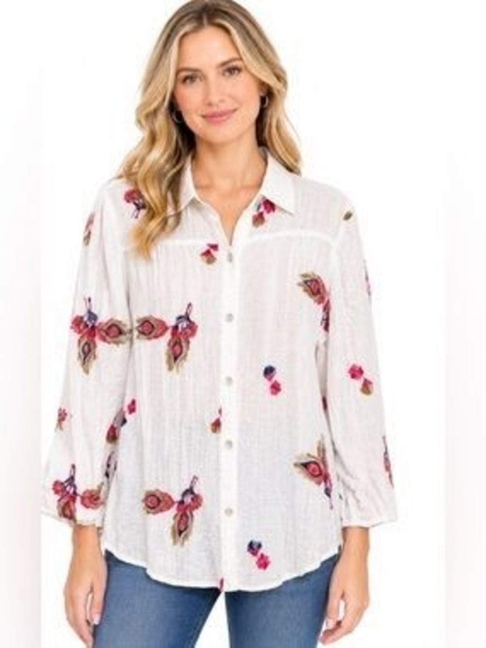 fig and flower White Button-Front Blouse with Pink Floral Print Misses  Medium